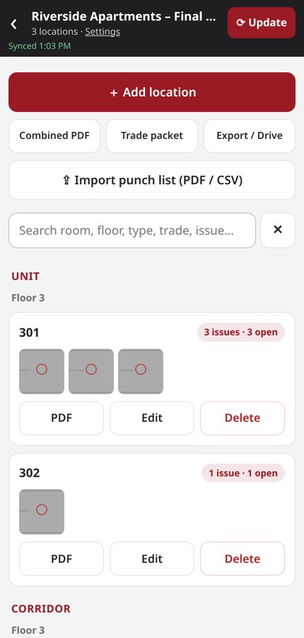 Site Punch project view with locations and photo issues
