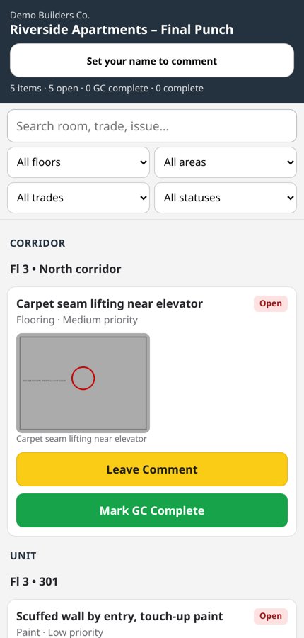 Trade portal with Leave Comment and Mark GC Complete buttons